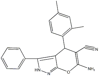 6-amino-4-(2,4-dimethylphenyl)-3-phenyl-2,4-dihydropyrano[2,3-c]pyrazole-5-carbonitrile 结构式