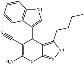 6-amino-3-butyl-4-(1H-indol-3-yl)-2,4-dihydropyrano[2,3-c]pyrazole-5-carbonitrile Structure