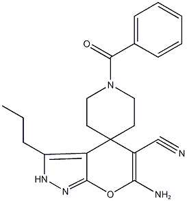 6-amino-3-propyl-2,4-dihydropyrano[2,3-c]pyrazole-5-carbonitrile-4-spiro-4'-(1'-benzoylpiperidine) 化学構造式