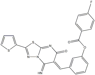 3-[(5-imino-7-oxo-2-(2-thienyl)-5H-[1,3,4]thiadiazolo[3,2-a]pyrimidin-6(7H)-ylidene)methyl]phenyl 4-fluorobenzoate 化学構造式