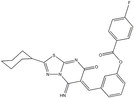 3-[(2-cyclohexyl-5-imino-7-oxo-5H-[1,3,4]thiadiazolo[3,2-a]pyrimidin-6(7H)-ylidene)methyl]phenyl 4-fluorobenzoate Struktur