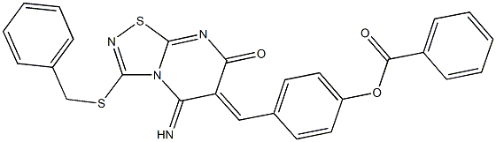 4-[(3-(benzylsulfanyl)-5-imino-7-oxo-5H-[1,2,4]thiadiazolo[4,5-a]pyrimidin-6(7H)-ylidene)methyl]phenyl benzoate Struktur