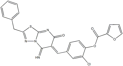 4-[(2-benzyl-5-imino-7-oxo-5H-[1,3,4]thiadiazolo[3,2-a]pyrimidin-6(7H)-ylidene)methyl]-2-chlorophenyl 2-furoate 化学構造式