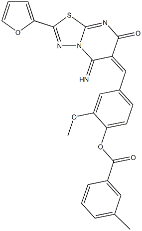 4-[(2-(2-furyl)-5-imino-7-oxo-5H-[1,3,4]thiadiazolo[3,2-a]pyrimidin-6(7H)-ylidene)methyl]-2-methoxyphenyl 3-methylbenzoate 化学構造式