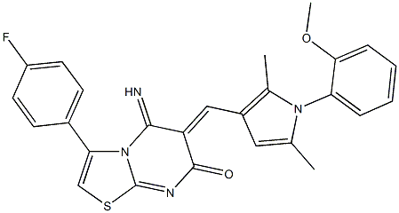 3-(4-fluorophenyl)-5-imino-6-{[1-(2-methoxyphenyl)-2,5-dimethyl-1H-pyrrol-3-yl]methylene}-5,6-dihydro-7H-[1,3]thiazolo[3,2-a]pyrimidin-7-one Structure