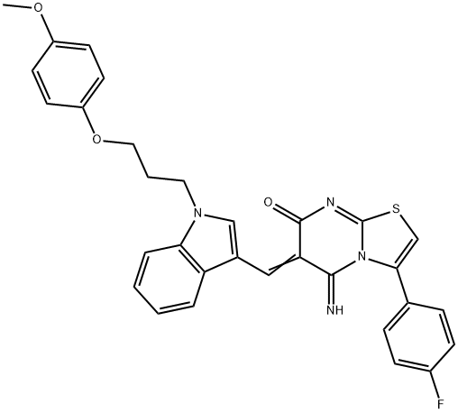 3-(4-fluorophenyl)-5-imino-6-({1-[3-(4-methoxyphenoxy)propyl]-1H-indol-3-yl}methylene)-5,6-dihydro-7H-[1,3]thiazolo[3,2-a]pyrimidin-7-one Struktur