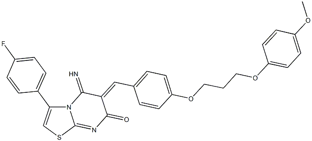 3-(4-fluorophenyl)-5-imino-6-{4-[3-(4-methoxyphenoxy)propoxy]benzylidene}-5,6-dihydro-7H-[1,3]thiazolo[3,2-a]pyrimidin-7-one 化学構造式