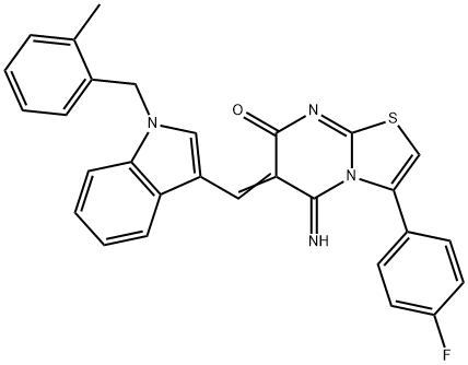 3-(4-fluorophenyl)-5-imino-6-{[1-(2-methylbenzyl)-1H-indol-3-yl]methylene}-5,6-dihydro-7H-[1,3]thiazolo[3,2-a]pyrimidin-7-one 结构式