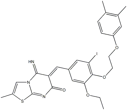 6-{4-[2-(3,4-dimethylphenoxy)ethoxy]-3-ethoxy-5-iodobenzylidene}-5-imino-2-methyl-5,6-dihydro-7H-[1,3]thiazolo[3,2-a]pyrimidin-7-one Struktur