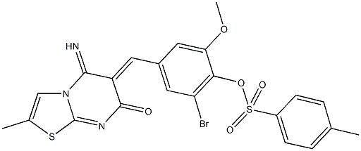 2-bromo-4-[(5-imino-2-methyl-7-oxo-5H-[1,3]thiazolo[3,2-a]pyrimidin-6(7H)-ylidene)methyl]-6-methoxyphenyl 4-methylbenzenesulfonate 结构式