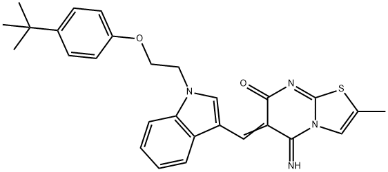 6-({1-[2-(4-tert-butylphenoxy)ethyl]-1H-indol-3-yl}methylene)-5-imino-2-methyl-5,6-dihydro-7H-[1,3]thiazolo[3,2-a]pyrimidin-7-one Struktur