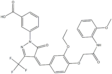 3-[4-{3-ethoxy-4-[2-(2-methoxyanilino)-2-oxoethoxy]benzylidene}-5-oxo-3-(trifluoromethyl)-4,5-dihydro-1H-pyrazol-1-yl]benzoic acid Struktur