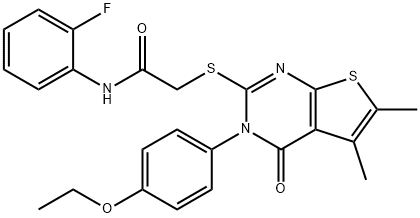 2-{[3-(4-ethoxyphenyl)-5,6-dimethyl-4-oxo-3,4-dihydrothieno[2,3-d]pyrimidin-2-yl]sulfanyl}-N-(2-fluorophenyl)acetamide Struktur