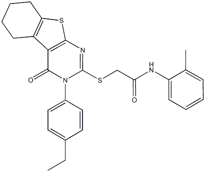 2-{[3-(4-ethylphenyl)-4-oxo-3,4,5,6,7,8-hexahydro[1]benzothieno[2,3-d]pyrimidin-2-yl]sulfanyl}-N-(2-methylphenyl)acetamide 化学構造式