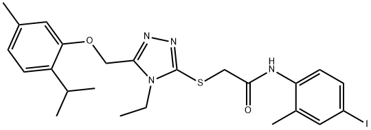 2-({4-ethyl-5-[(2-isopropyl-5-methylphenoxy)methyl]-4H-1,2,4-triazol-3-yl}sulfanyl)-N-(4-iodo-2-methylphenyl)acetamide 结构式