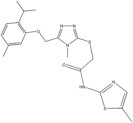 2-({5-[(2-isopropyl-5-methylphenoxy)methyl]-4-methyl-4H-1,2,4-triazol-3-yl}sulfanyl)-N-(5-methyl-1,3-thiazol-2-yl)acetamide 结构式
