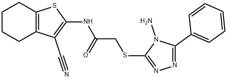 2-[(4-amino-5-phenyl-4H-1,2,4-triazol-3-yl)sulfanyl]-N-(3-cyano-4,5,6,7-tetrahydro-1-benzothien-2-yl)acetamide 化学構造式