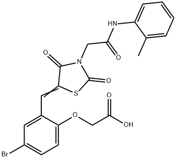 [4-bromo-2-({2,4-dioxo-3-[2-oxo-2-(2-toluidino)ethyl]-1,3-thiazolidin-5-ylidene}methyl)phenoxy]acetic acid 化学構造式