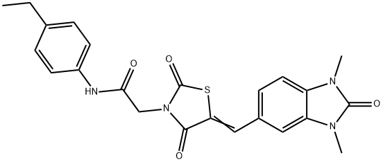 2-{5-[(1,3-dimethyl-2-oxo-2,3-dihydro-1H-benzimidazol-5-yl)methylene]-2,4-dioxo-1,3-thiazolidin-3-yl}-N-(4-ethylphenyl)acetamide 化学構造式