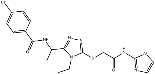 4-chloro-N-[1-(4-ethyl-5-{[2-oxo-2-(1,3-thiazol-2-ylamino)ethyl]sulfanyl}-4H-1,2,4-triazol-3-yl)ethyl]benzamide,665018-41-7,结构式