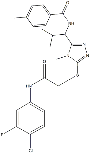 N-[1-(5-{[2-(4-chloro-3-fluoroanilino)-2-oxoethyl]sulfanyl}-4-methyl-4H-1,2,4-triazol-3-yl)-2-methylpropyl]-4-methylbenzamide Struktur