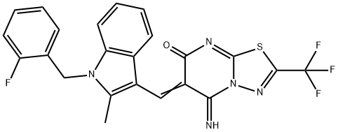 6-{[1-(2-fluorobenzyl)-2-methyl-1H-indol-3-yl]methylene}-5-imino-2-(trifluoromethyl)-5,6-dihydro-7H-[1,3,4]thiadiazolo[3,2-a]pyrimidin-7-one Struktur