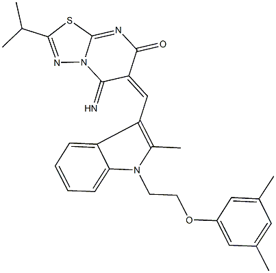 6-({1-[2-(3,5-dimethylphenoxy)ethyl]-2-methyl-1H-indol-3-yl}methylene)-5-imino-2-isopropyl-5,6-dihydro-7H-[1,3,4]thiadiazolo[3,2-a]pyrimidin-7-one Structure