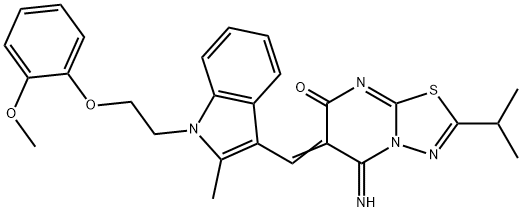 5-imino-2-isopropyl-6-({1-[2-(2-methoxyphenoxy)ethyl]-2-methyl-1H-indol-3-yl}methylene)-5,6-dihydro-7H-[1,3,4]thiadiazolo[3,2-a]pyrimidin-7-one Structure