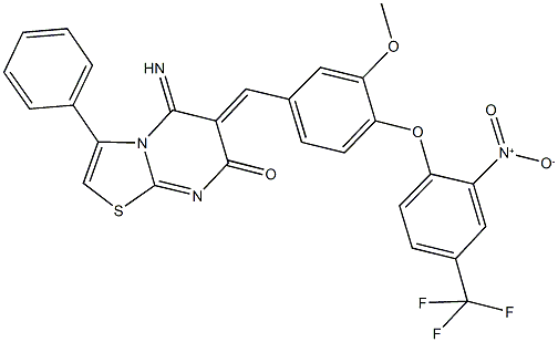 6-{4-[2-nitro-4-(trifluoromethyl)phenoxy]-3-methoxybenzylidene}-5-imino-3-phenyl-5,6-dihydro-7H-[1,3]thiazolo[3,2-a]pyrimidin-7-one,665021-11-4,结构式