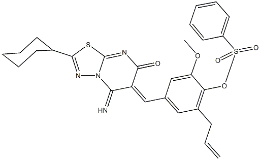 2-allyl-4-[(2-cyclohexyl-5-imino-7-oxo-5H-[1,3,4]thiadiazolo[3,2-a]pyrimidin-6(7H)-ylidene)methyl]-6-methoxyphenyl benzenesulfonate Structure