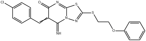 6-(4-chlorobenzylidene)-5-imino-2-[(2-phenoxyethyl)sulfanyl]-5,6-dihydro-7H-[1,3,4]thiadiazolo[3,2-a]pyrimidin-7-one 化学構造式