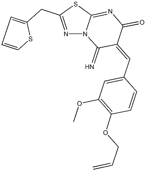 6-[4-(allyloxy)-3-methoxybenzylidene]-5-imino-2-(thien-2-ylmethyl)-5,6-dihydro-7H-[1,3,4]thiadiazolo[3,2-a]pyrimidin-7-one Struktur