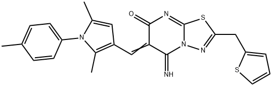 6-{[2,5-dimethyl-1-(4-methylphenyl)-1H-pyrrol-3-yl]methylene}-5-imino-2-(2-thienylmethyl)-5,6-dihydro-7H-[1,3,4]thiadiazolo[3,2-a]pyrimidin-7-one,665021-54-5,结构式