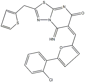 6-{[5-(2-chlorophenyl)-2-furyl]methylene}-5-imino-2-(2-thienylmethyl)-5,6-dihydro-7H-[1,3,4]thiadiazolo[3,2-a]pyrimidin-7-one 结构式