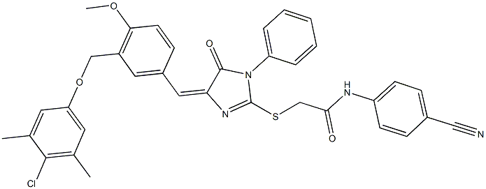2-[(4-{3-[(4-chloro-3,5-dimethylphenoxy)methyl]-4-methoxybenzylidene}-5-oxo-1-phenyl-4,5-dihydro-1H-imidazol-2-yl)sulfanyl]-N-(4-cyanophenyl)acetamide 结构式