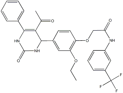 2-[4-(5-acetyl-2-oxo-6-phenyl-1,2,3,4-tetrahydro-4-pyrimidinyl)-2-ethoxyphenoxy]-N-[3-(trifluoromethyl)phenyl]acetamide 化学構造式