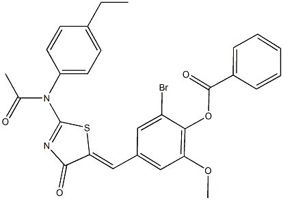 4-[(2-(acetyl-4-ethylanilino)-4-oxo-1,3-thiazol-5(4H)-ylidene)methyl]-2-bromo-6-methoxyphenyl benzoate 化学構造式