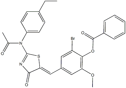 4-[(2-(acetyl-4-ethylanilino)-4-oxo-1,3-thiazol-5(4H)-ylidene)methyl]-2-bromo-6-methoxyphenyl benzoate,666207-47-2,结构式