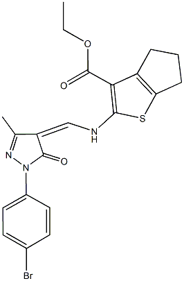 ethyl 2-({[1-(4-bromophenyl)-3-methyl-5-oxo-1,5-dihydro-4H-pyrazol-4-ylidene]methyl}amino)-5,6-dihydro-4H-cyclopenta[b]thiophene-3-carboxylate Struktur
