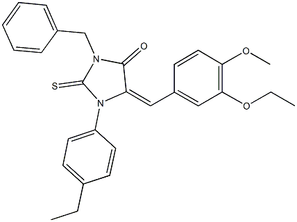 3-benzyl-5-(3-ethoxy-4-methoxybenzylidene)-1-(4-ethylphenyl)-2-thioxo-4-imidazolidinone Struktur