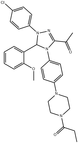 1-{1-(4-chlorophenyl)-5-(2-methoxyphenyl)-4-[4-(4-propionyl-1-piperazinyl)phenyl]-4,5-dihydro-1H-1,2,4-triazol-3-yl}ethanone,666208-73-7,结构式