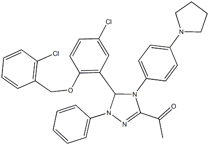 1-{5-{5-chloro-2-[(2-chlorobenzyl)oxy]phenyl}-1-phenyl-4-[4-(1-pyrrolidinyl)phenyl]-4,5-dihydro-1H-1,2,4-triazol-3-yl}ethanone,666208-87-3,结构式