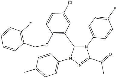 1-[5-{5-chloro-2-[(2-fluorobenzyl)oxy]phenyl}-4-(4-fluorophenyl)-1-(4-methylphenyl)-4,5-dihydro-1H-1,2,4-triazol-3-yl]ethanone,666208-94-2,结构式