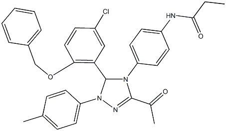 N-{4-[3-acetyl-5-[2-(benzyloxy)-5-chlorophenyl]-1-(4-methylphenyl)-1,5-dihydro-4H-1,2,4-triazol-4-yl]phenyl}propanamide Struktur