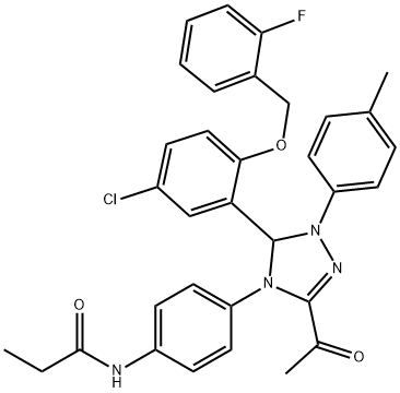 N-{4-[3-acetyl-5-{5-chloro-2-[(2-fluorobenzyl)oxy]phenyl}-1-(4-methylphenyl)-1,5-dihydro-4H-1,2,4-triazol-4-yl]phenyl}propanamide 化学構造式