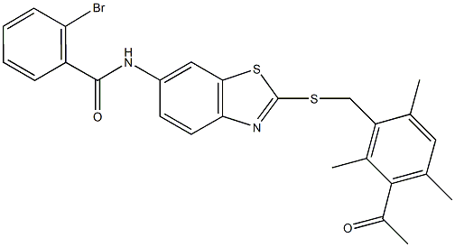 N-{2-[(3-acetyl-2,4,6-trimethylbenzyl)sulfanyl]-1,3-benzothiazol-6-yl}-2-bromobenzamide|