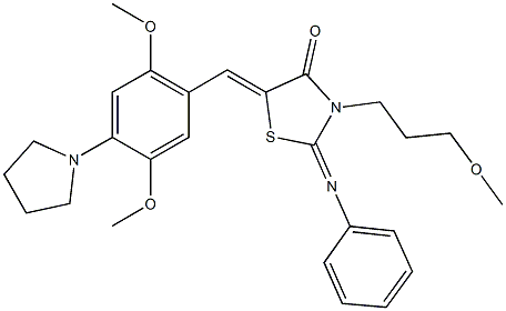 5-[2,5-dimethoxy-4-(1-pyrrolidinyl)benzylidene]-3-(3-methoxypropyl)-2-(phenylimino)-1,3-thiazolidin-4-one 化学構造式