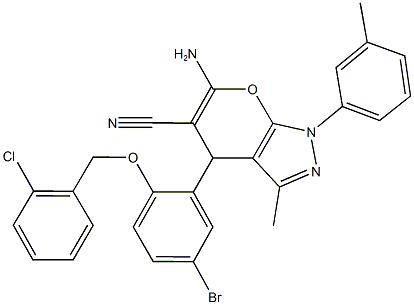 6-amino-4-{5-bromo-2-[(2-chlorobenzyl)oxy]phenyl}-3-methyl-1-(3-methylphenyl)-1,4-dihydropyrano[2,3-c]pyrazole-5-carbonitrile 结构式