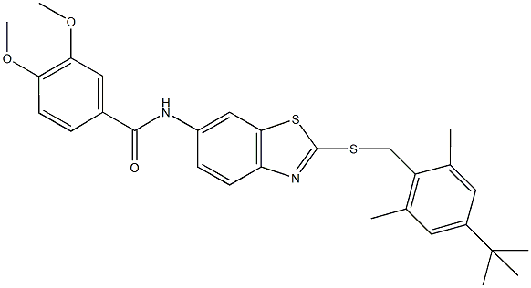 N-{2-[(4-tert-butyl-2,6-dimethylbenzyl)sulfanyl]-1,3-benzothiazol-6-yl}-3,4-dimethoxybenzamide Struktur