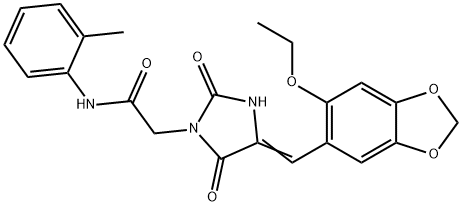 2-{4-[(6-ethoxy-1,3-benzodioxol-5-yl)methylene]-2,5-dioxo-1-imidazolidinyl}-N-(2-methylphenyl)acetamide,666211-39-8,结构式